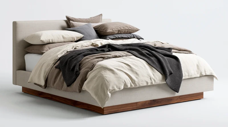 Modern platform bed with upholstered greige headboard and walnut wood frame, dressed with neutral bedding and pillows, isolated on white background