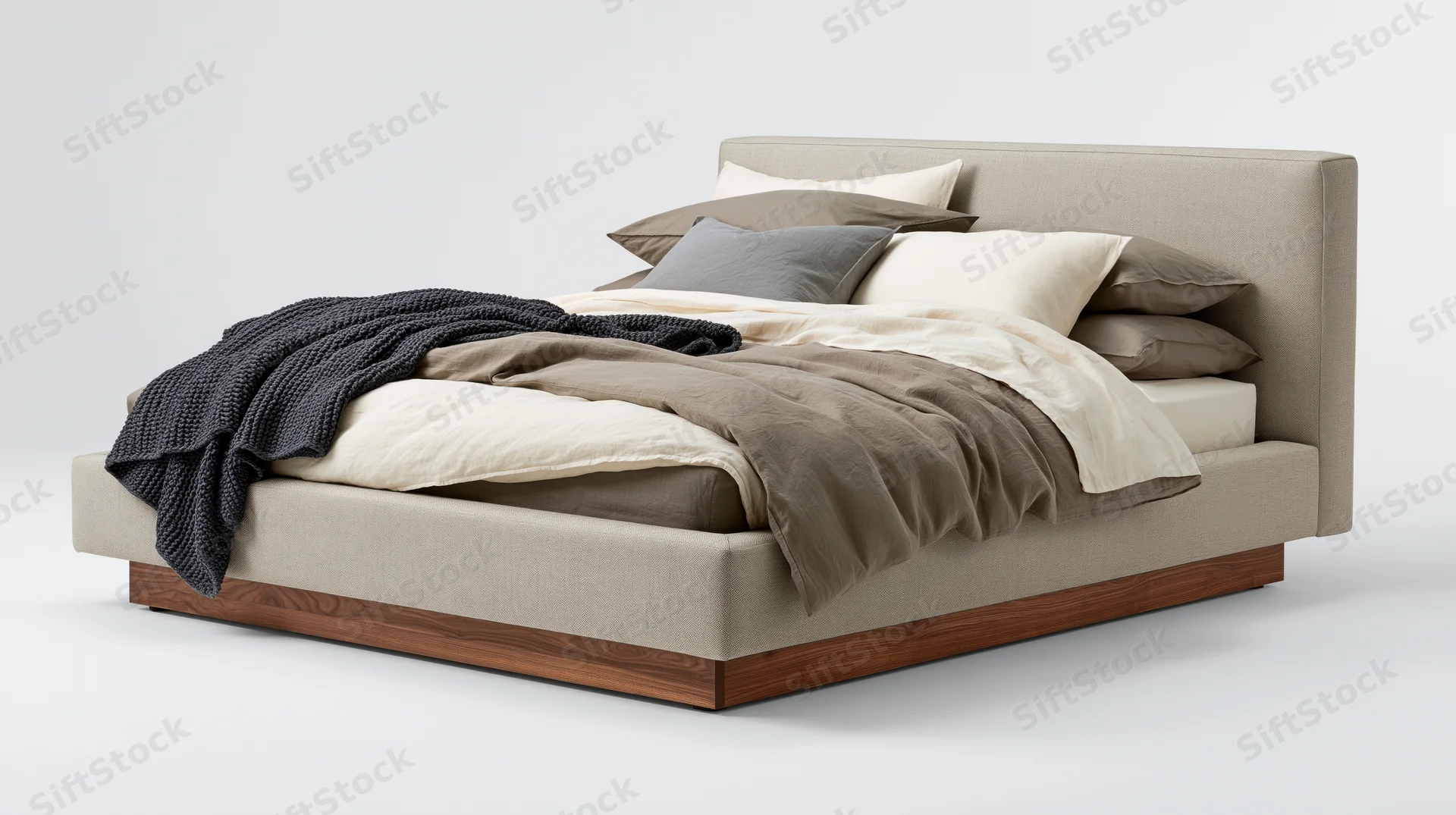 Modern platform bed with upholstered greige headboard and walnut base, dressed with neutral bedding and pillows, isolated on white background