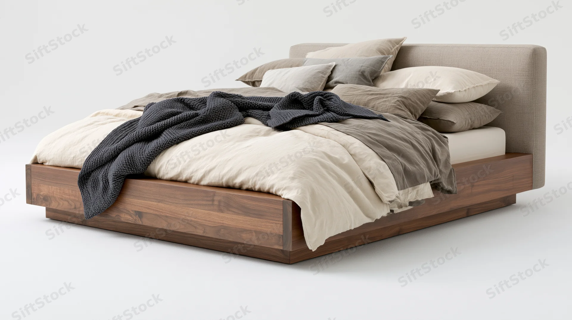 Modern platform bed with upholstered greige headboard and walnut frame, dressed with neutral bedding and throw blanket, isolated on white background