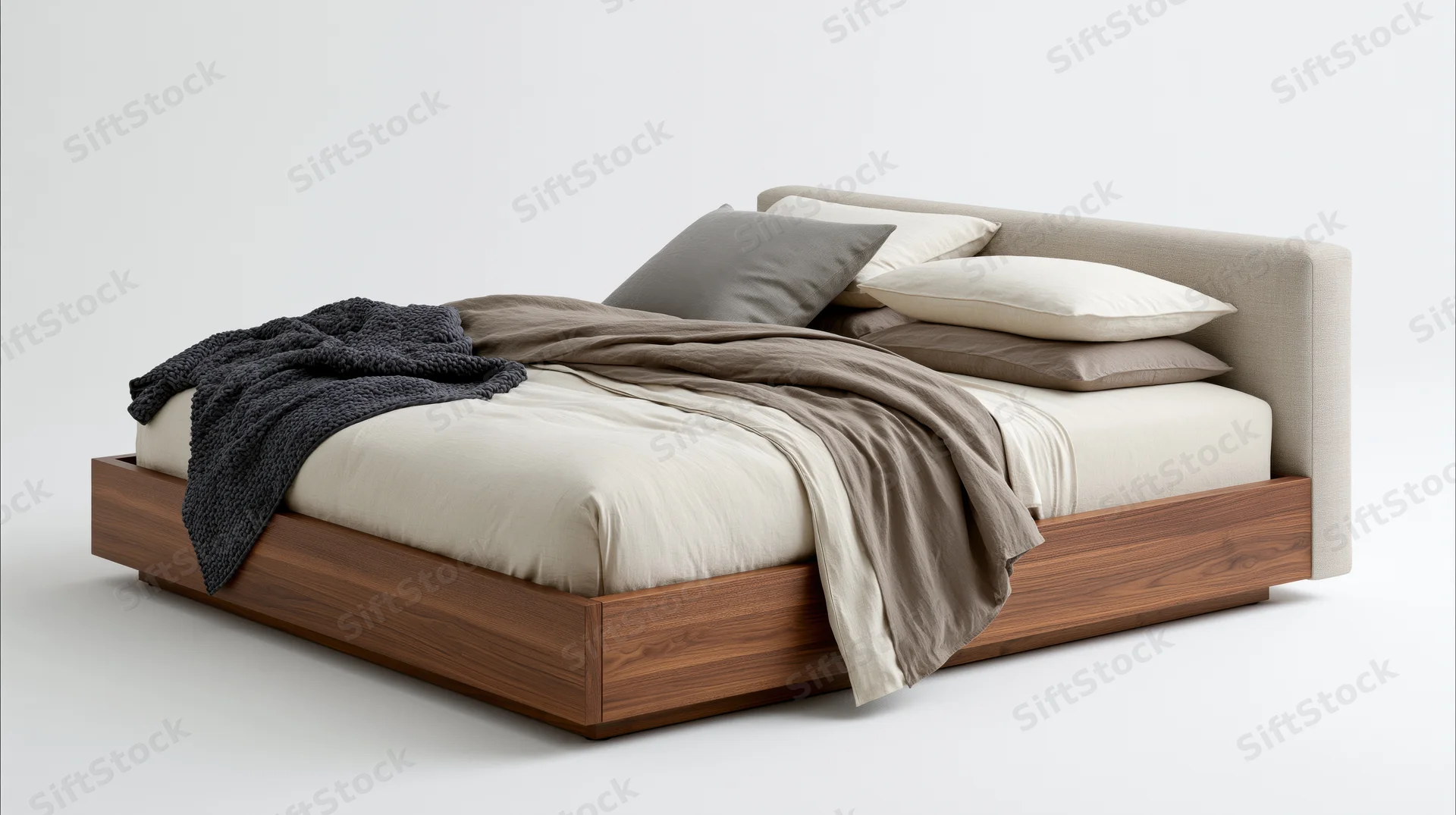 Modern platform bed with upholstered greige headboard and walnut frame, dressed with neutral bedding and pillows, on white background
