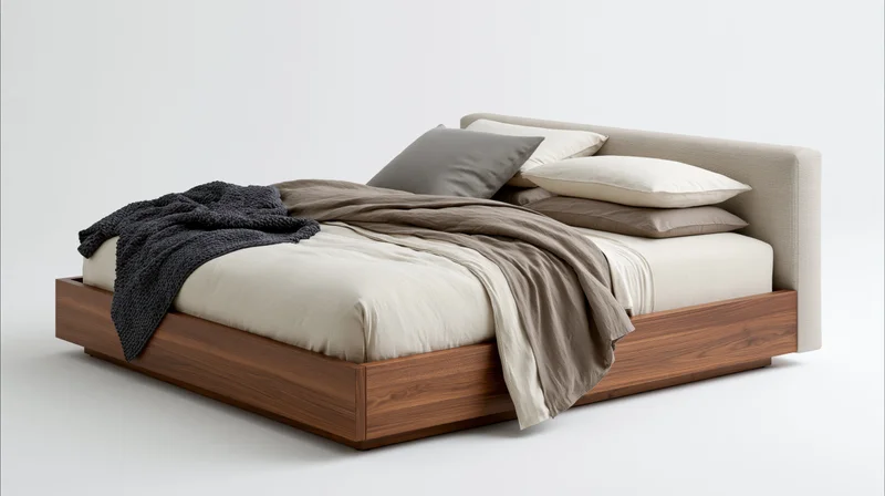 Modern platform bed with upholstered greige headboard and walnut frame, dressed with neutral bedding and pillows, on white background