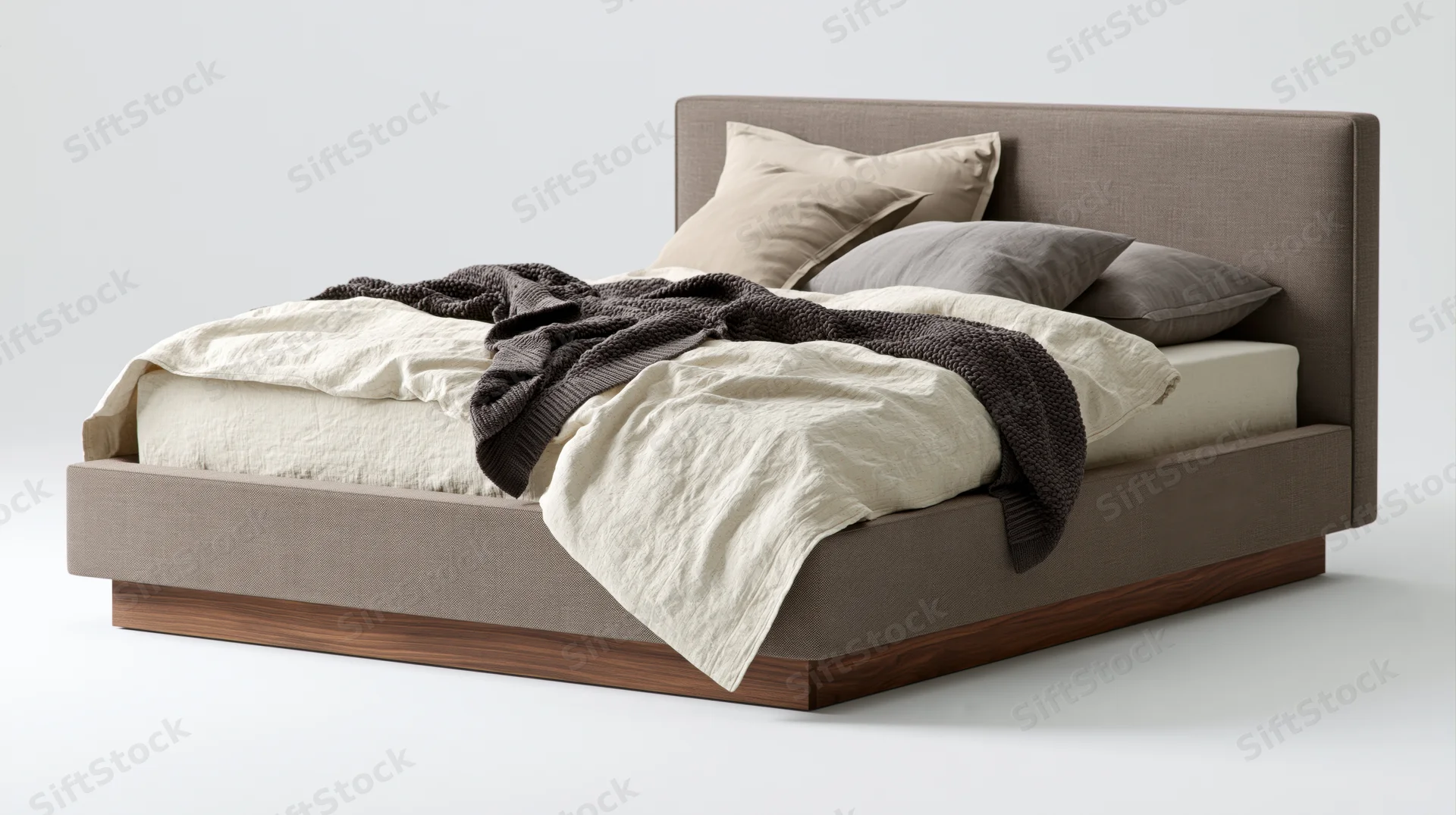 Modern platform bed with upholstered taupe fabric headboard and wooden base, featuring layered bedding and pillows on a white background