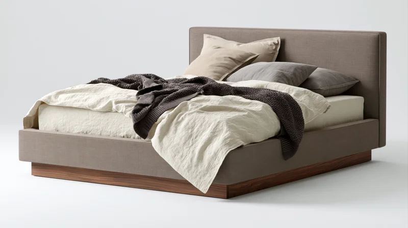 Modern platform bed with upholstered taupe fabric headboard and wooden base, featuring layered bedding and pillows on a white background