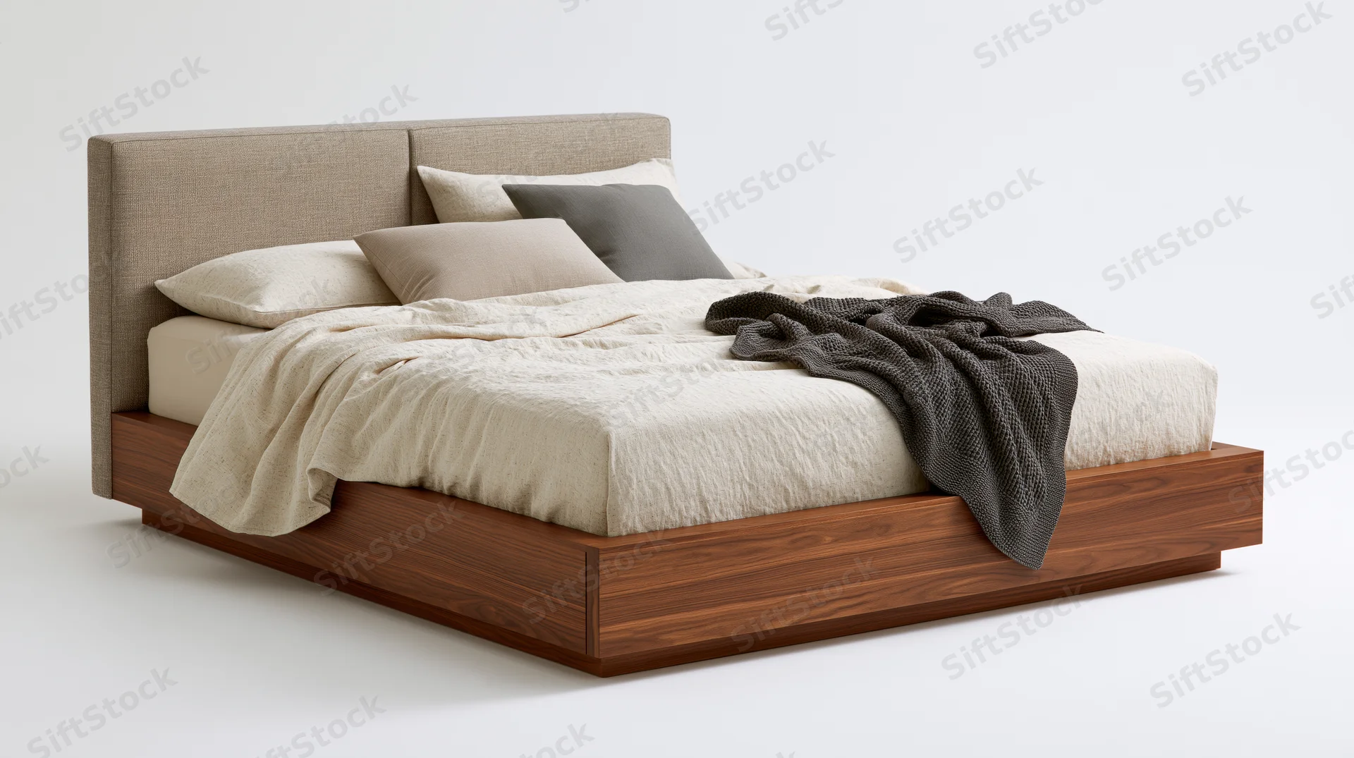 Modern platform bed with upholstered taupe fabric headboard and wooden base, dressed with neutral bedding and a gray throw, isolated on white