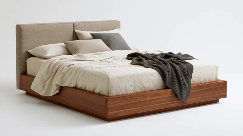 Modern platform bed with upholstered taupe fabric headboard and wooden base, dressed with neutral bedding and a gray throw, isolated on white