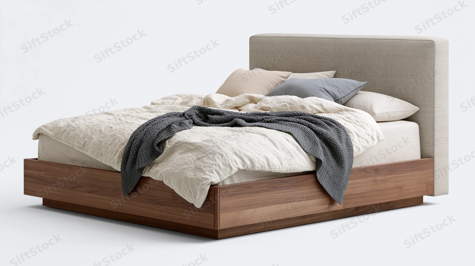 Modern platform bed with upholstered taupe fabric headboard and wooden base, dressed with neutral bedding and throw blanket on white background