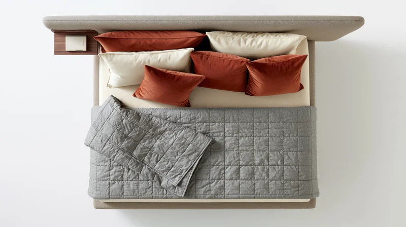 Overhead view of a modern upholstered double bed with gray quilted bedding and rust cream pillows arranged neatly in a minimalist bedroom setting