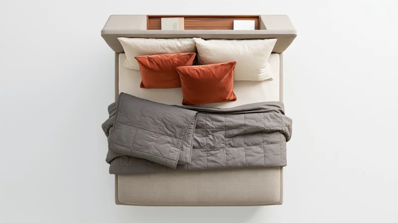 Overhead view of a modern upholstered double bed with gray quilt and orange pillows in a minimalist bedroom setting