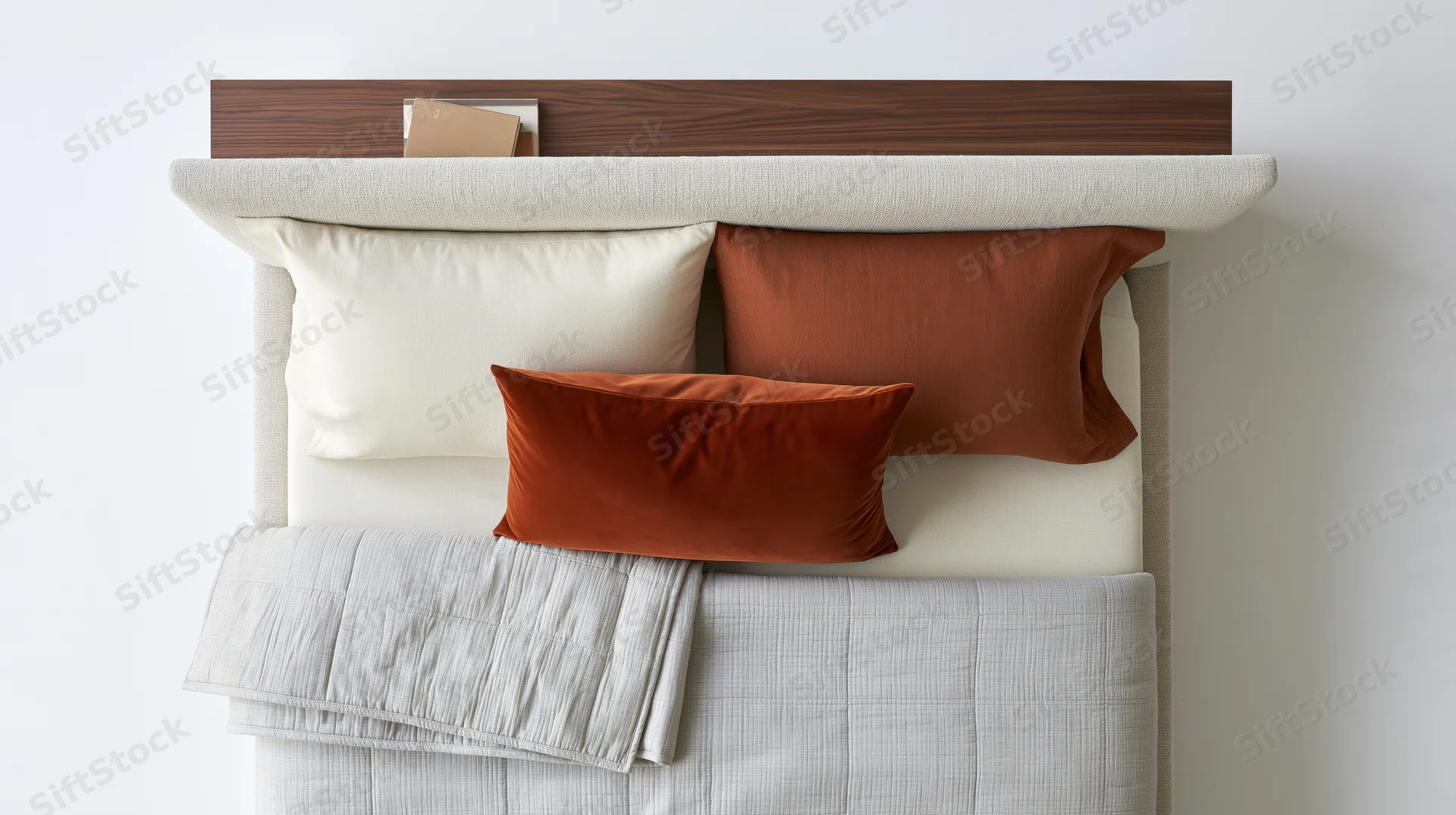 Modern upholstered double bed with layered pillows and folded comforter against white wall