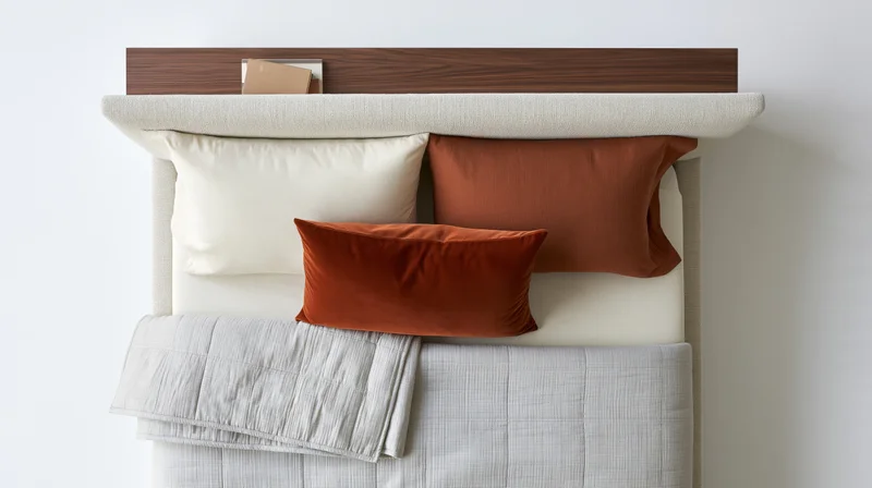 Modern upholstered double bed with layered pillows and folded comforter against white wall