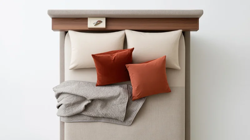 Modern upholstered double bed with pillows and quilt arranged against a white wall