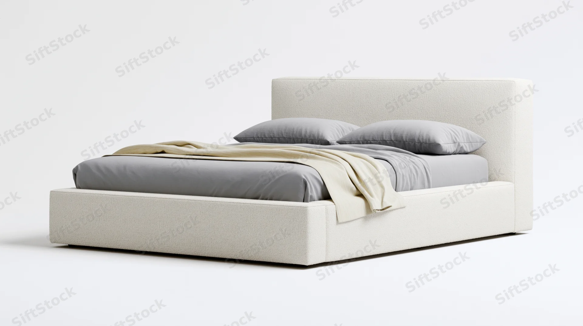 Modern upholstered platform bed with gray bedding and beige blanket on white background