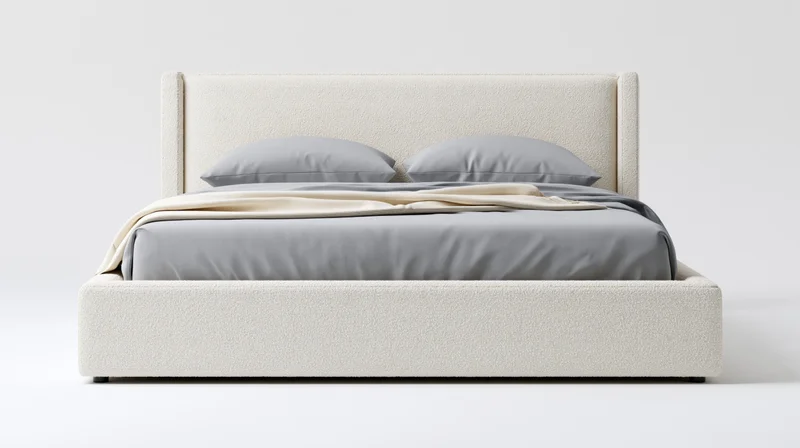 Modern upholstered platform bed with gray bedding and beige throw on white background