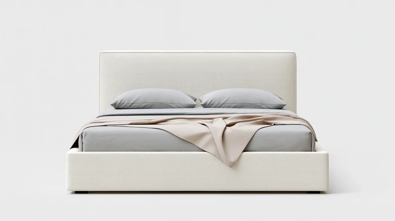 Modern upholstered platform bed with tall square headboard and gray bedding on white background