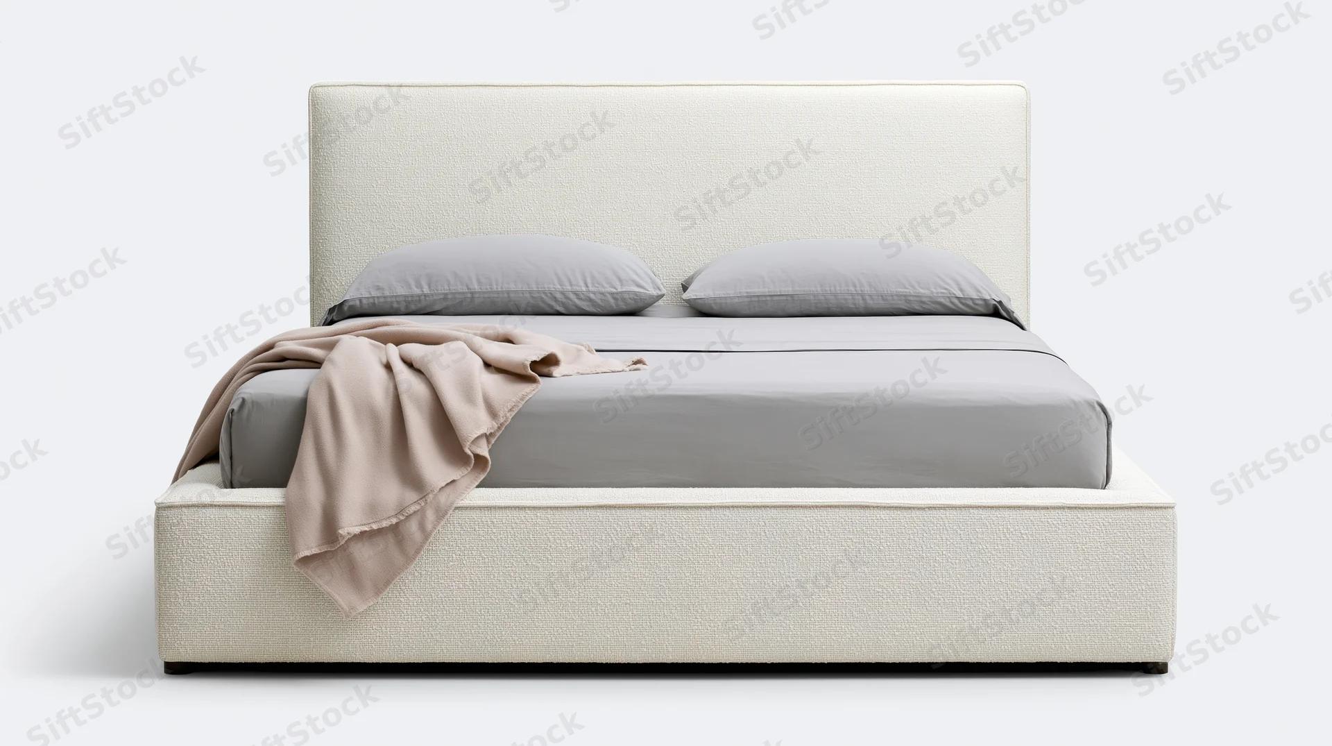 Modern upholstered platform bed with tall square headboard and gray bedding on white background