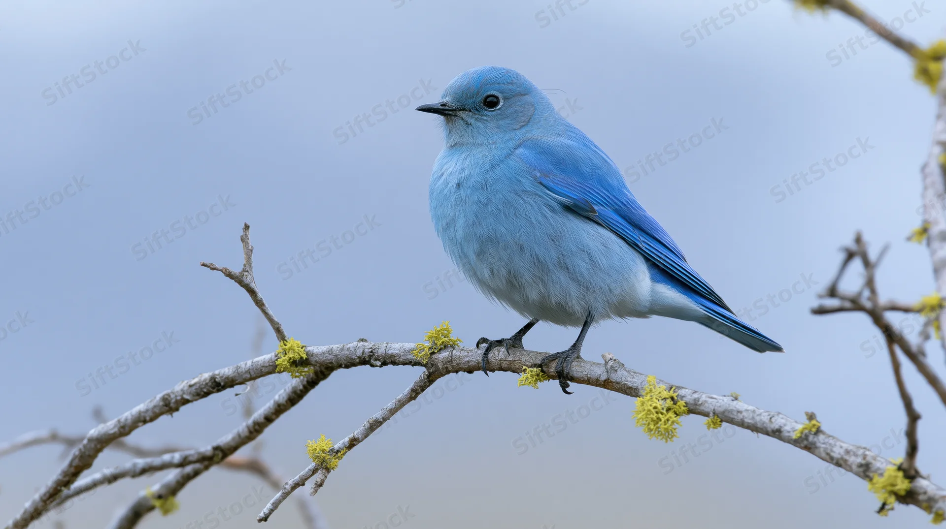 Mountain bluebird perched on a bare branch with lichen in overcast light