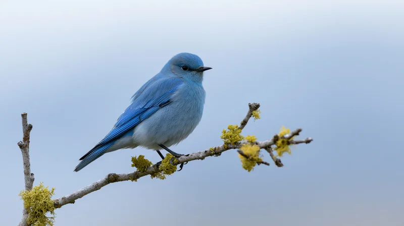 Mountain bluebird perched on a bare branch with lichen against a soft blue sky