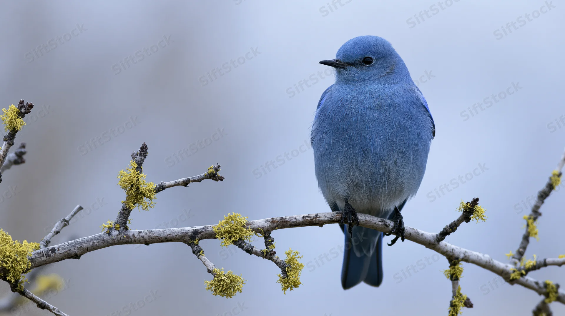 Mountain bluebird perched on a bare branch with lichen in soft winter light