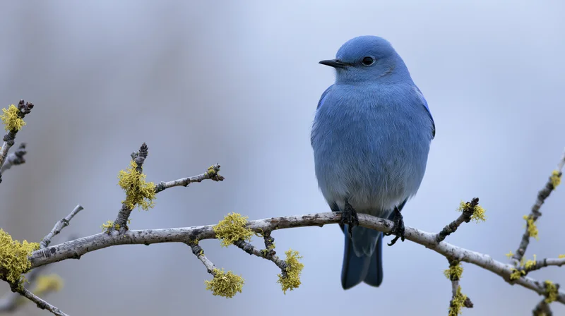 Mountain bluebird perched on a bare branch with lichen in soft winter light