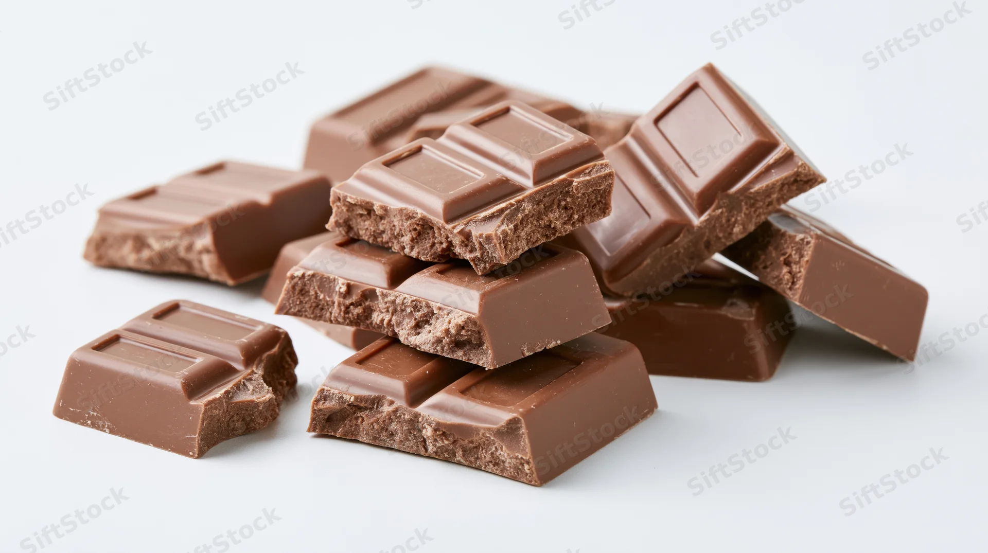 Broken milk chocolate bar pieces scattered and stacked on white background