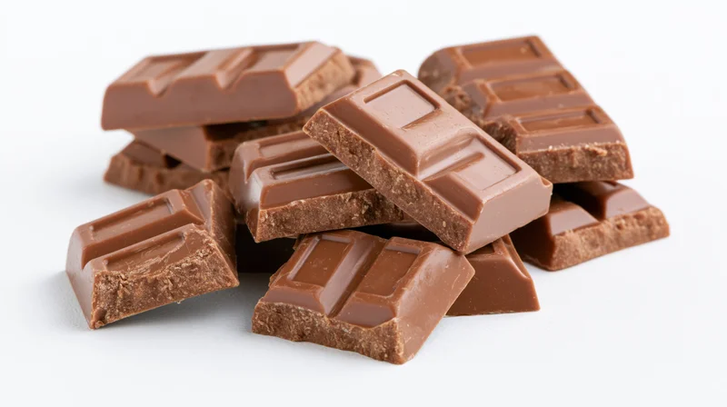 Broken milk chocolate bar pieces scattered and stacked on white background