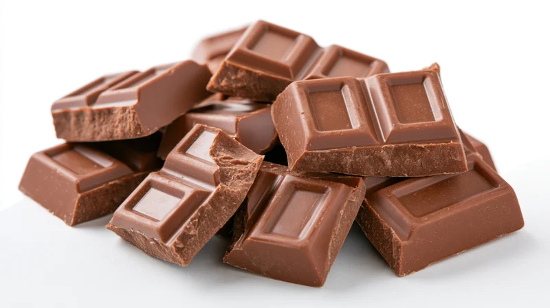 Broken milk chocolate bar pieces stacked and scattered on white background