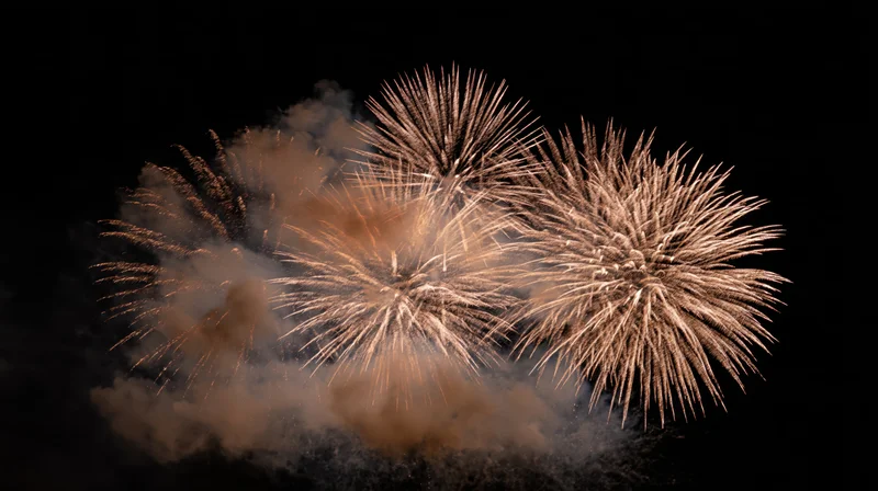 Fireworks bursting in the night sky with smoke trails during a celebration event