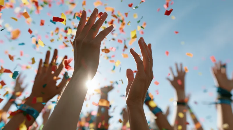 Multiple hands reaching up into the sky tossing colorful confetti at an outdoor celebration