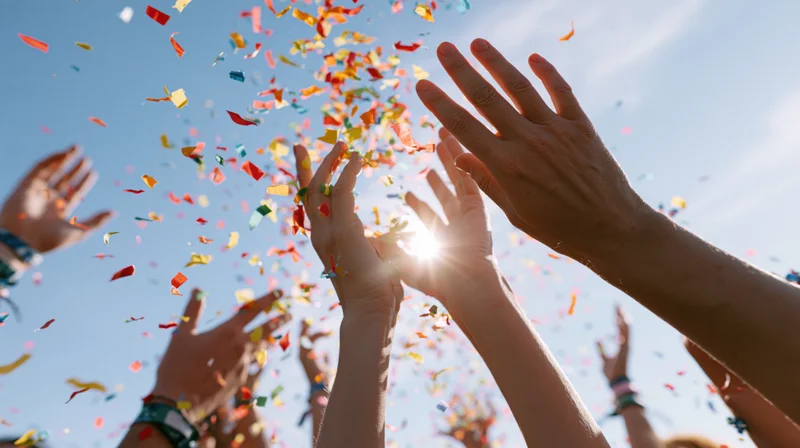 Multiple hands reaching up to toss colorful confetti into the sky under bright sunlight