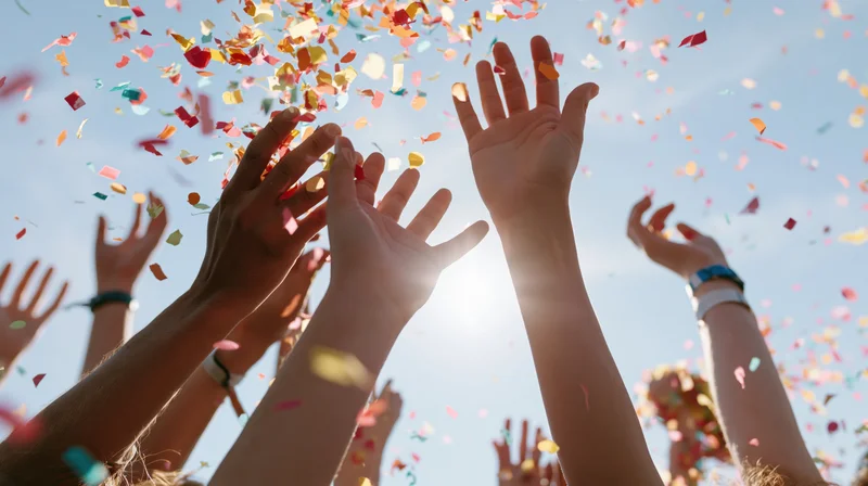 Multiple hands reaching up into the sky tossing colorful confetti in celebration
