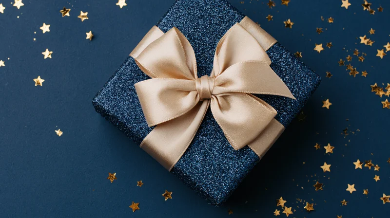 Blue Glitter Gift Box with Golden Ribbon for Festive Celebra