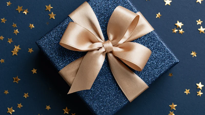 Navy blue glitter gift box with champagne satin bow on dark blue surface surrounded by gold stars