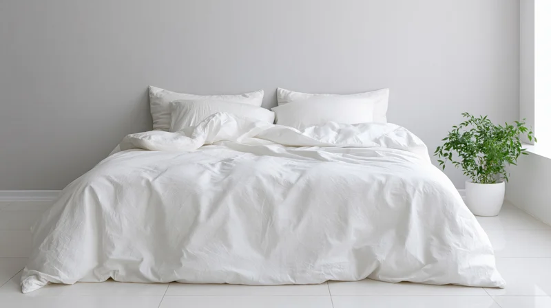 Unmade bed with white cotton duvet and four pillows in minimalist bedroom
