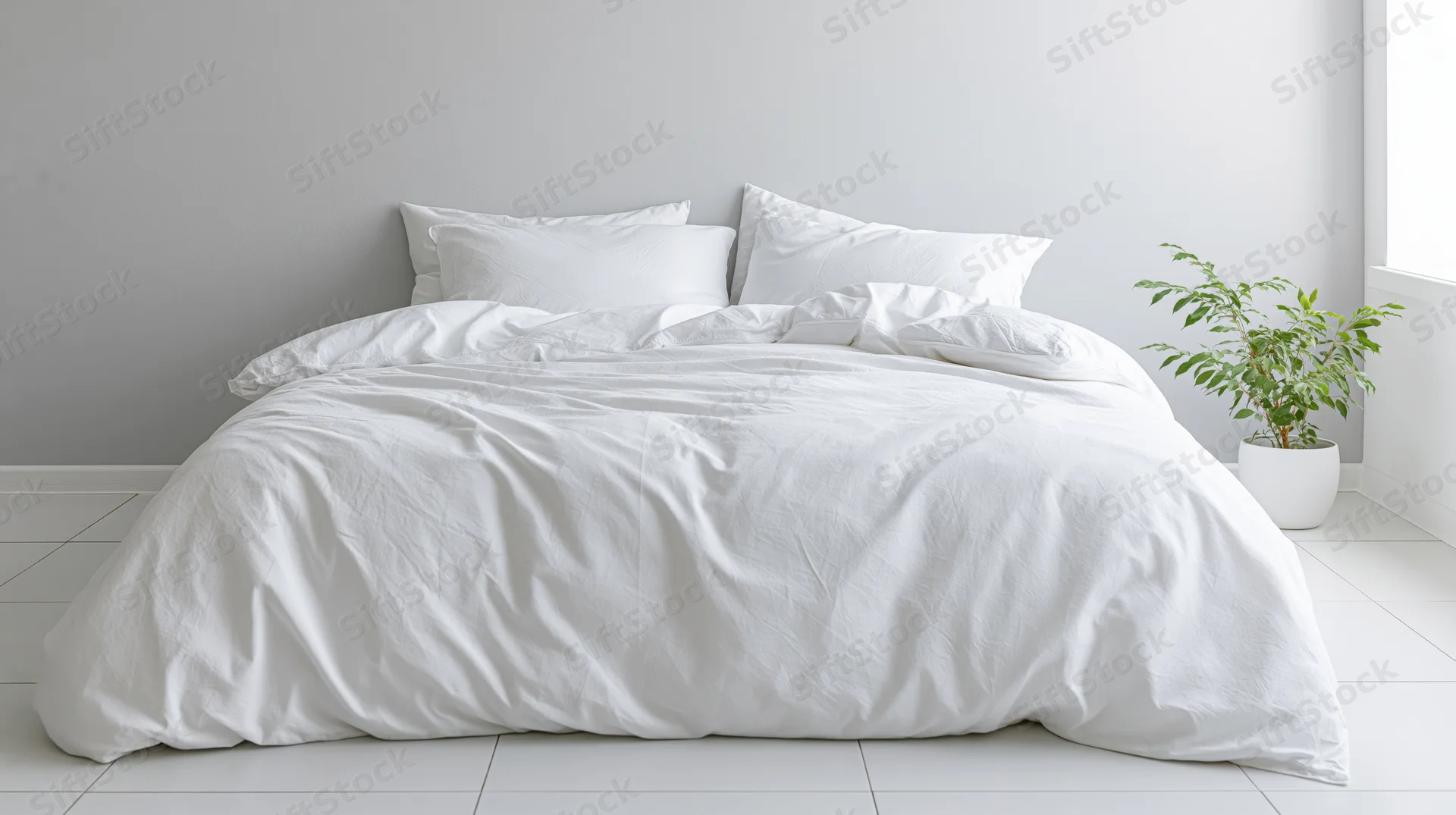 White cotton duvet and four pillows on a bed in a minimalist bedroom with a potted plant beside the window