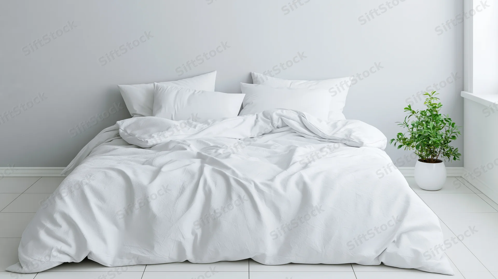 Unmade bed with white cotton duvet and four pillows in minimalist bedroom