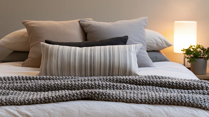 Neatly made bed with layered pillows and knitted throw in a cozy bedroom setting