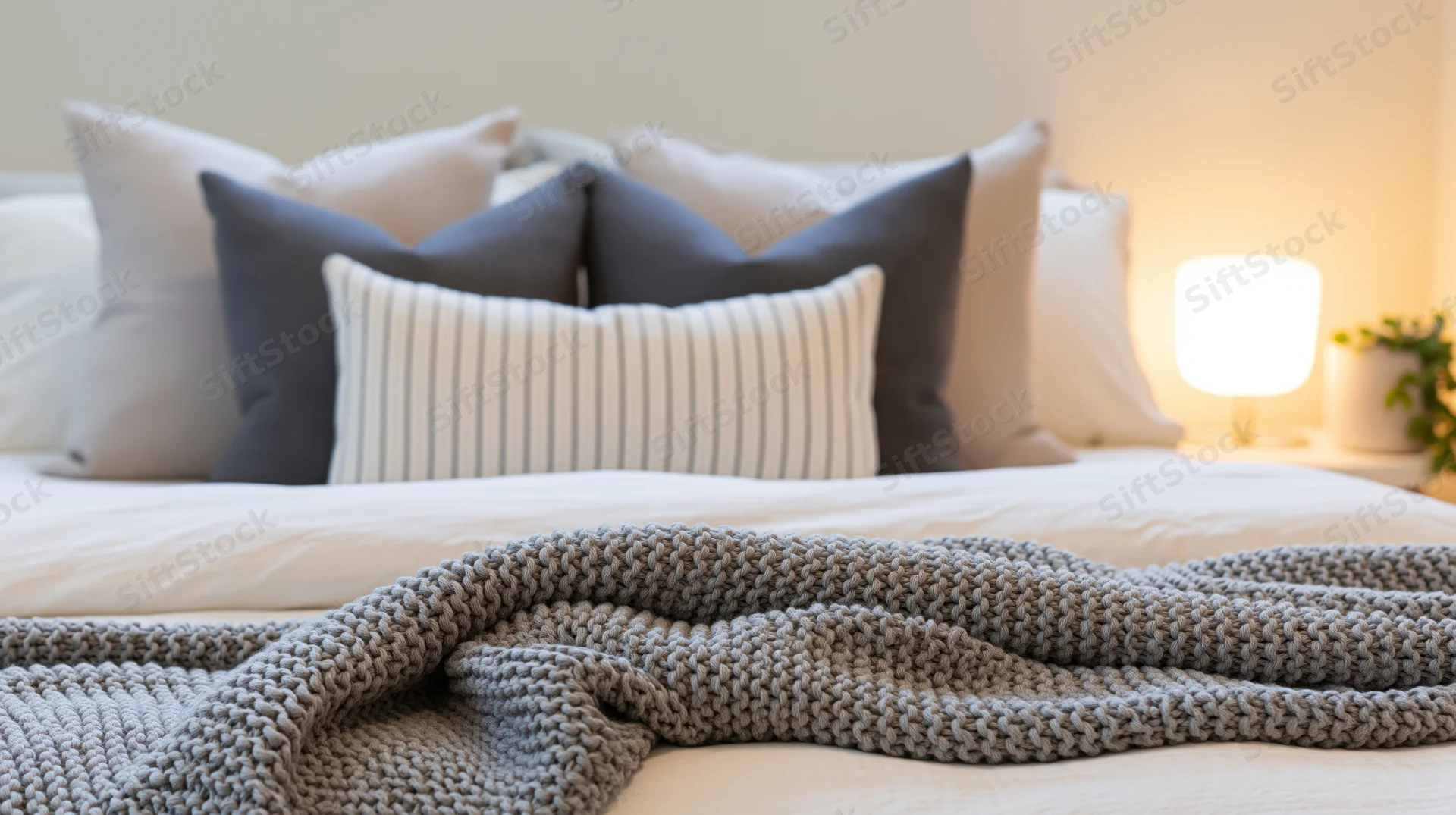 Neatly made bed with layered pillows and knit throw in a softly lit bedroom
