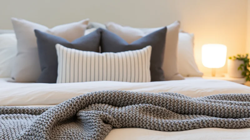 Neatly made bed with layered pillows and knit throw in a softly lit bedroom