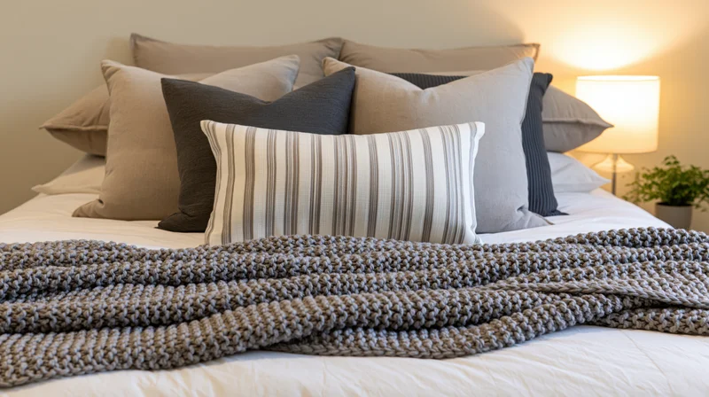 Neatly made bed with layered pillows and knitted blanket in a cozy bedroom