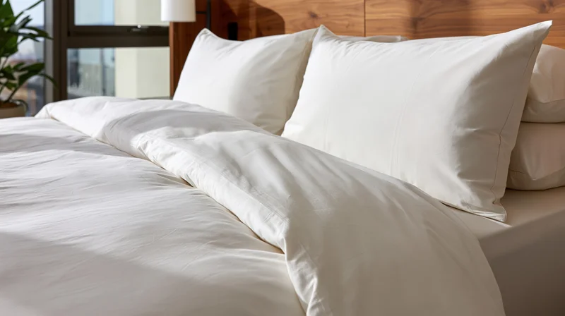 Neatly made hotel bed with crisp white duvet and stacked pillows against wooden headboard