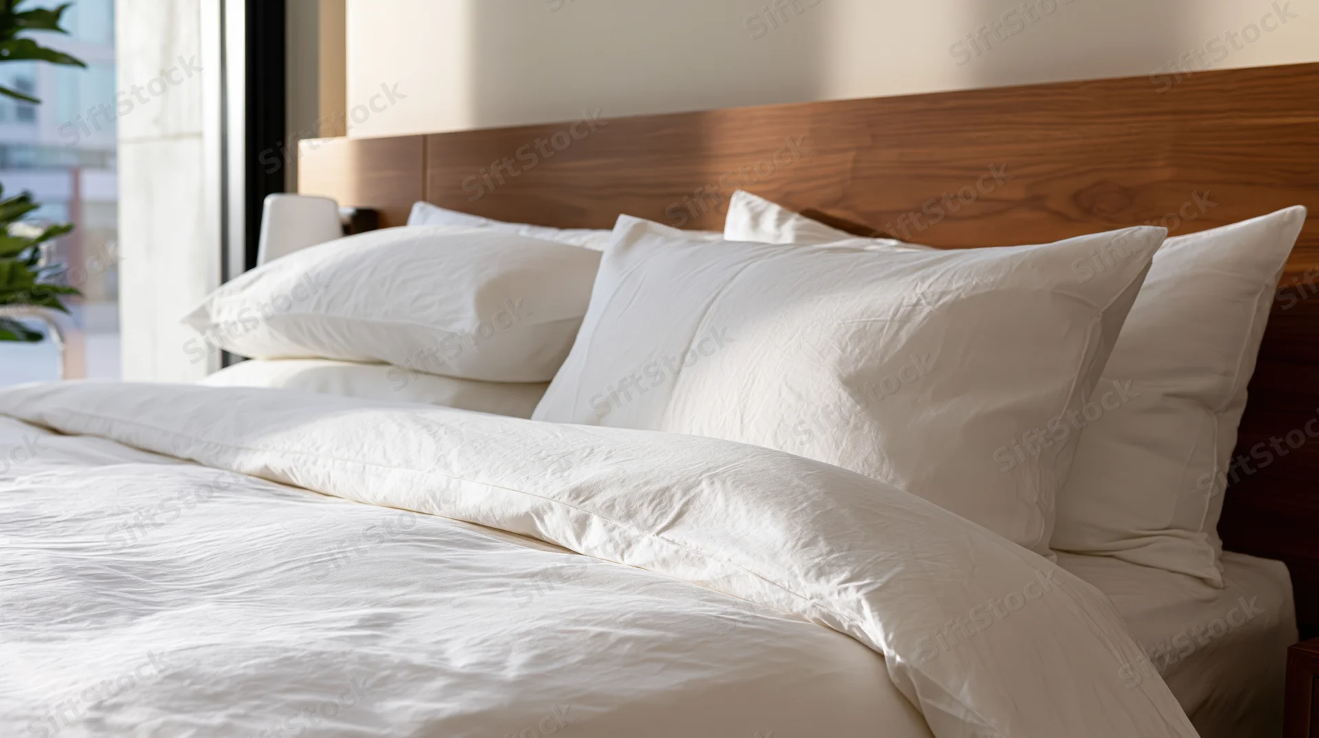 Neatly made hotel bed with crisp white duvet and stacked pillows against wooden headboard near window