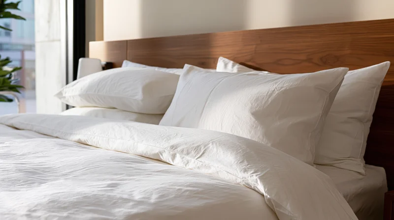 Neatly made hotel bed with crisp white duvet and stacked pillows against wooden headboard near window
