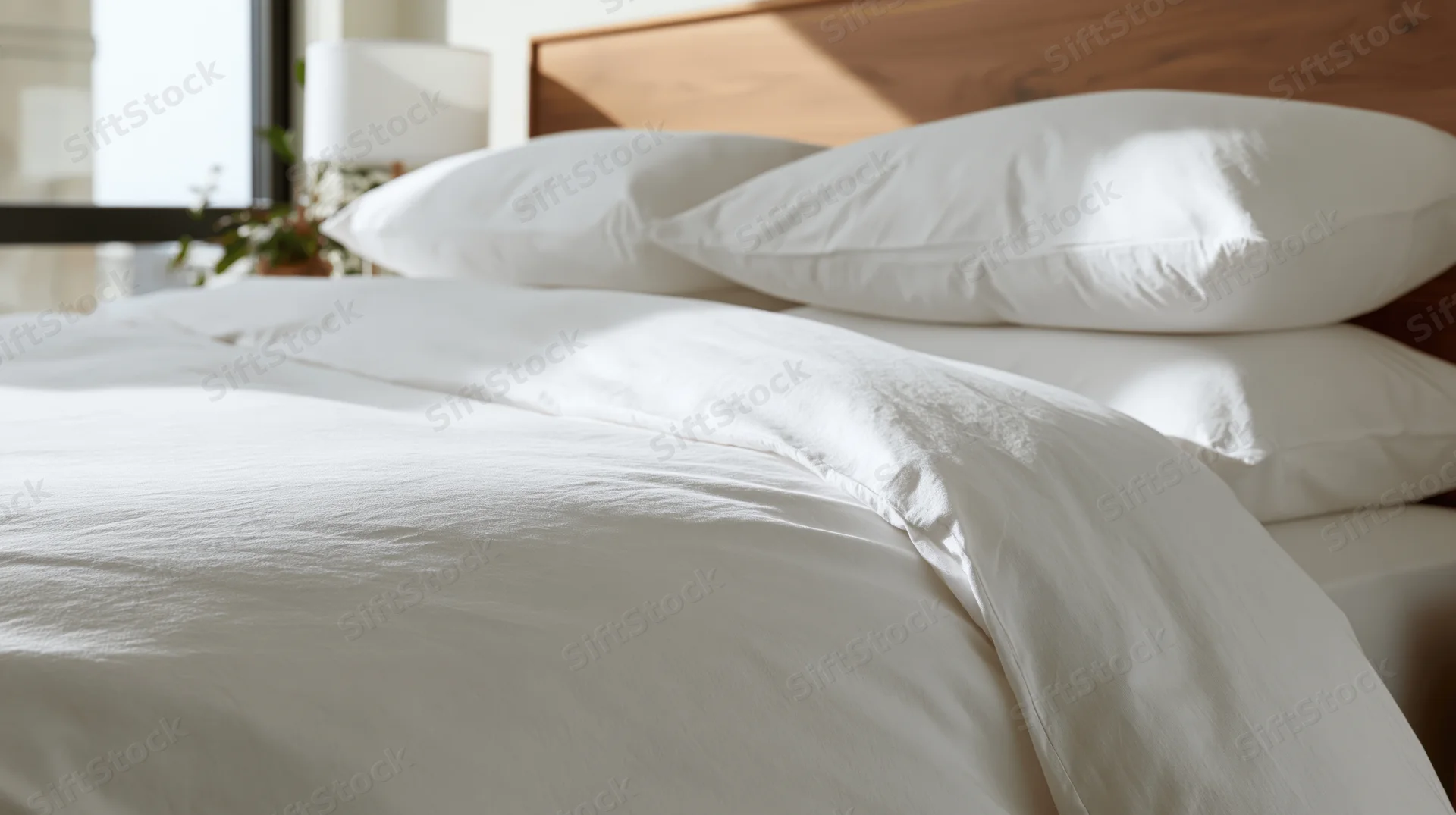 Neatly made hotel bed with crisp white duvet and stacked pillows against wooden headboard