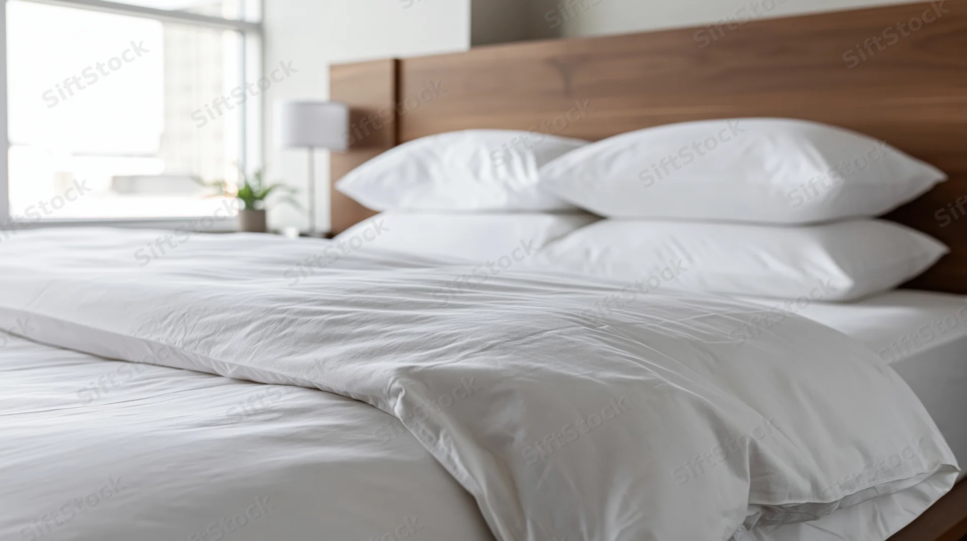 Neatly made hotel bed with white duvet and stacked pillows against wooden headboard near window