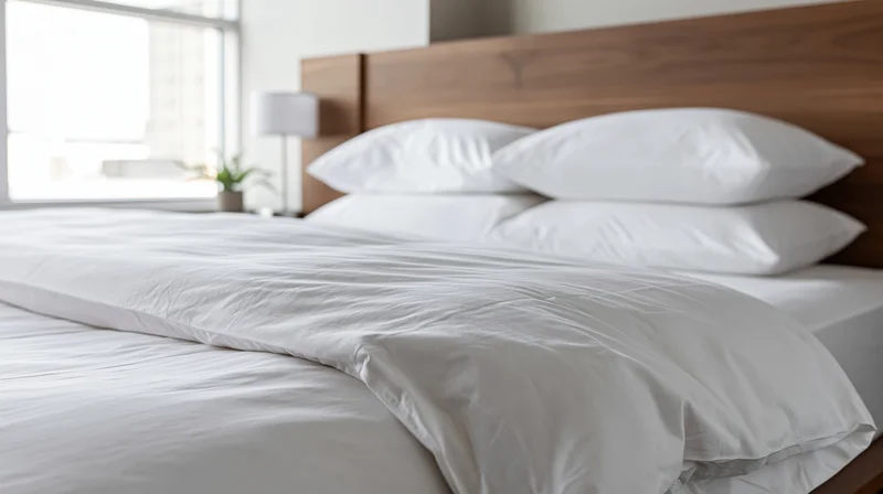 Neatly made hotel bed with white duvet and stacked pillows against wooden headboard near window