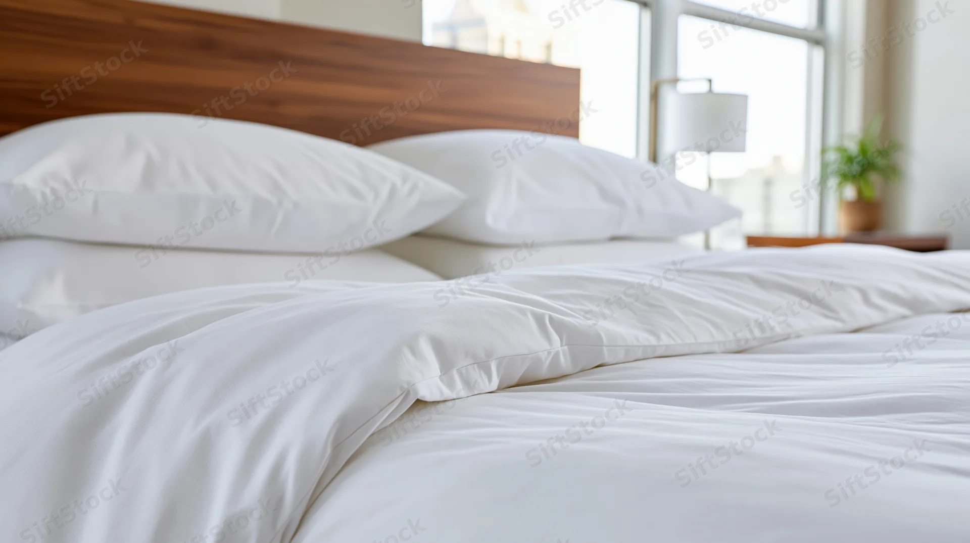 Neatly made hotel bed with crisp white duvet and stacked pillows by a window