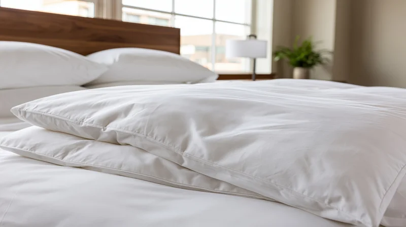 Neatly made hotel bed with crisp white duvet and stacked pillows by a window
