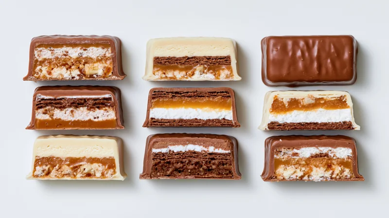 Nine chocolate candy bars arranged in a grid with cross sections showing layers of caramel, nougat and wafer on white background