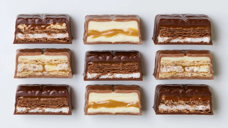 Nine chocolate candy bars arranged in a three-by-three grid on white background