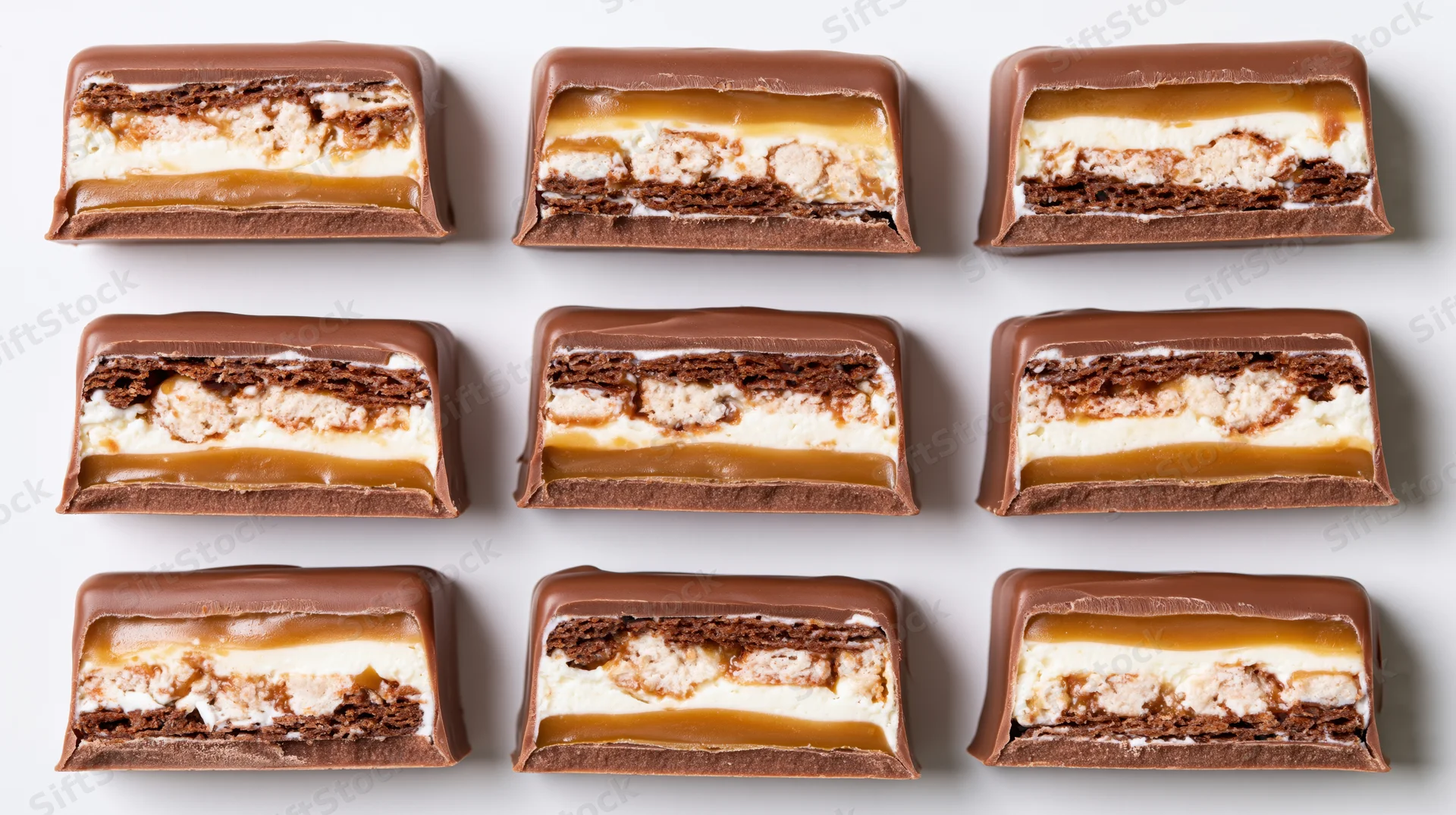 Nine chocolate candy bars arranged in a grid on white background